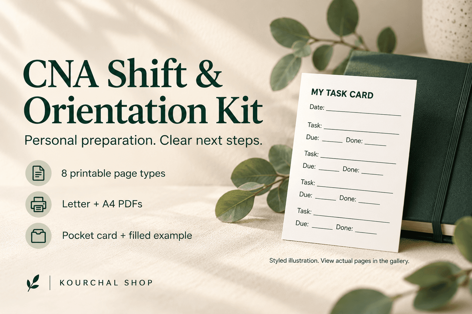 CNA Shift & Orientation Kit title beside an illustrated task card, green notebook and eucalyptus. Eight printable page types in Letter and A4 PDFs.