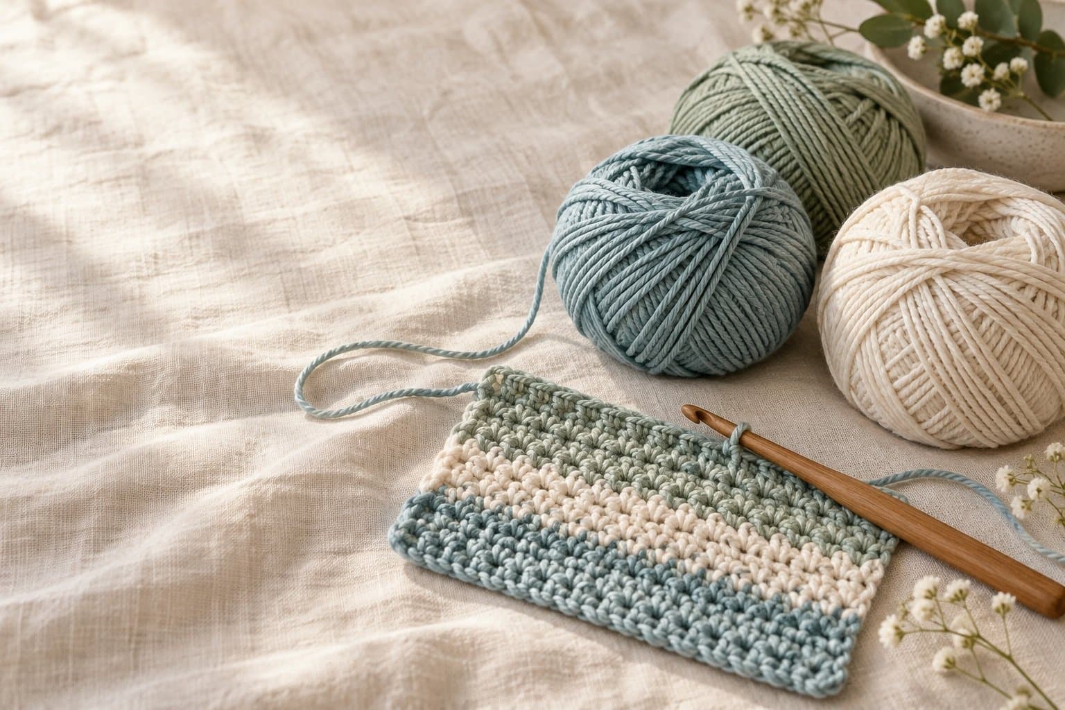 Blue, sage and cream yarn with a wooden crochet hook and a striped swatch on linen.