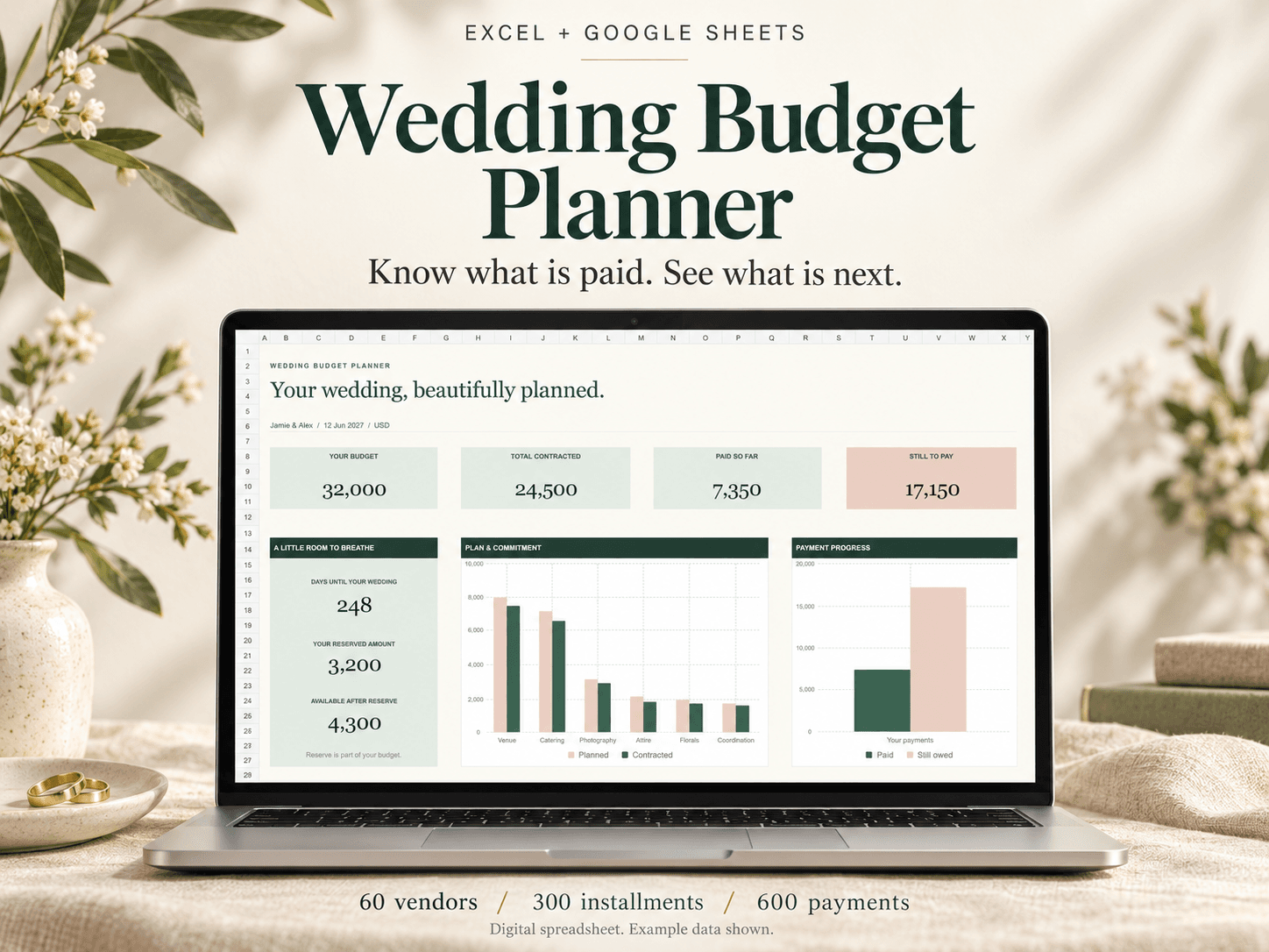 Ultimate Wedding Budget Planner cover preview with example data