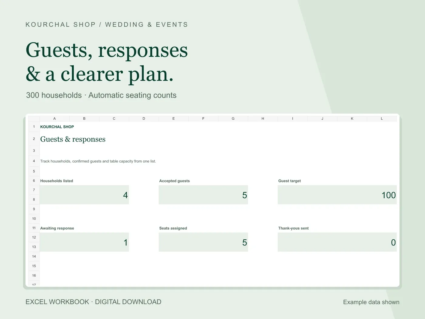 Wedding guest tracker cover with a real example dashboard